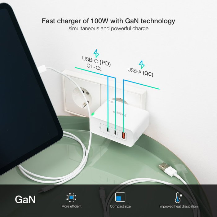 Tooq Cargador de Pared 100W con 2 Puertos USB-C PD y 1 Puerto USB-A QC
